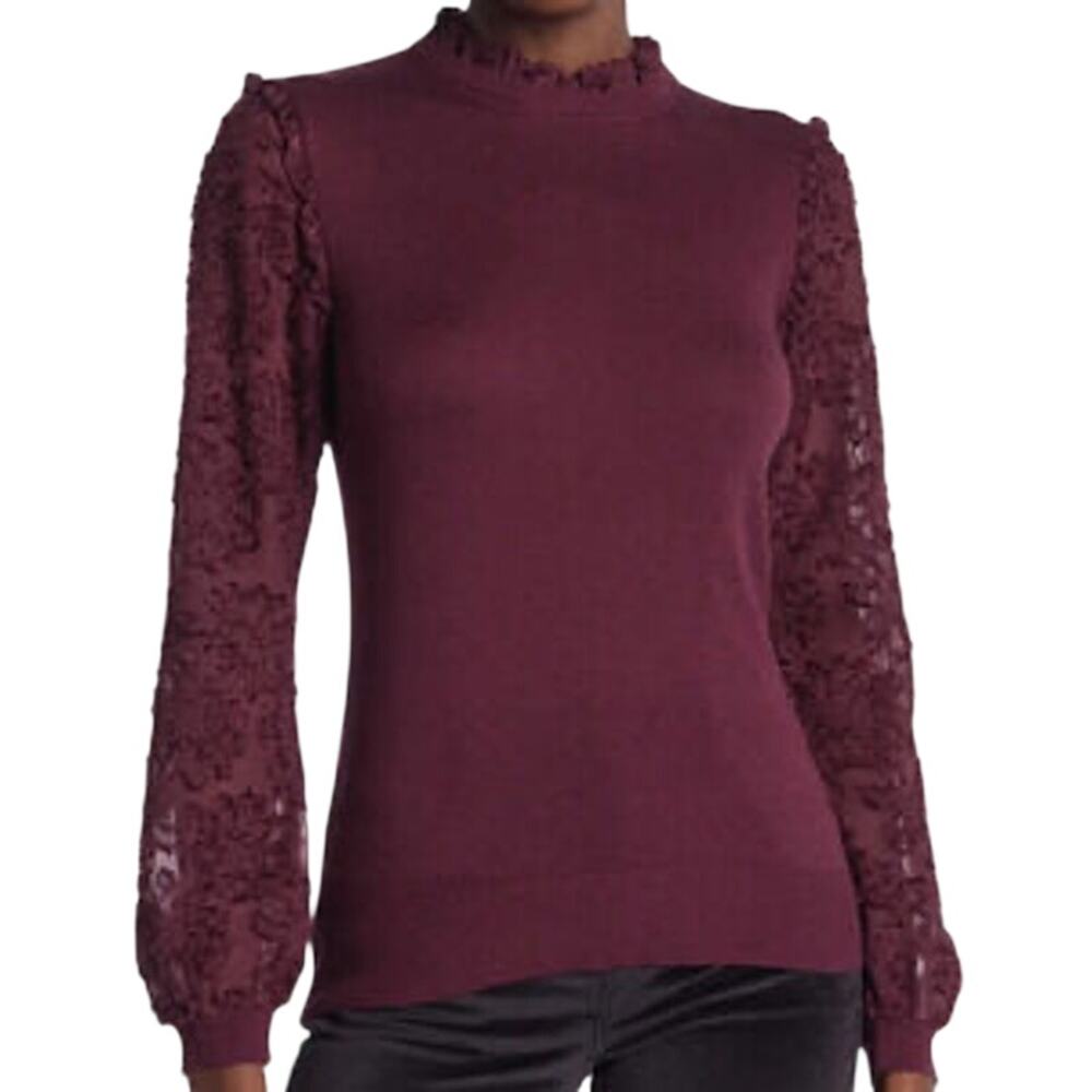 14th & Union Mock Neck Sweater Medium Burgundy Fig Maroon Lace Sheer Sleeves